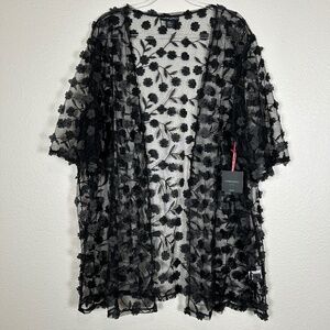 Cynthia Rowley plus size 3X kimono duster black mesh 3D texture floral artsy NEW